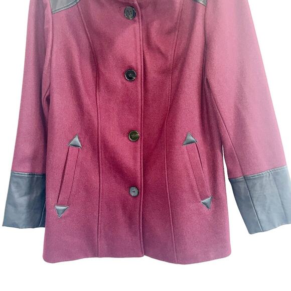 Nicole Miller Wool Peacoat Maroon Leather Trims L - Picture 4 of 8